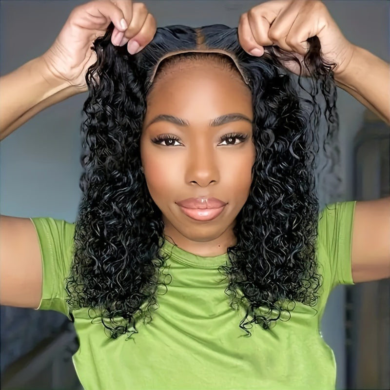 4x4 Put On And Go Glueless Bob Wig Human Hair Curly For Women Kinky Curly Lace Front Wig Human Hair Pre Plucked Pre Cut Lace Ready To Wear 180% Density Natural Black